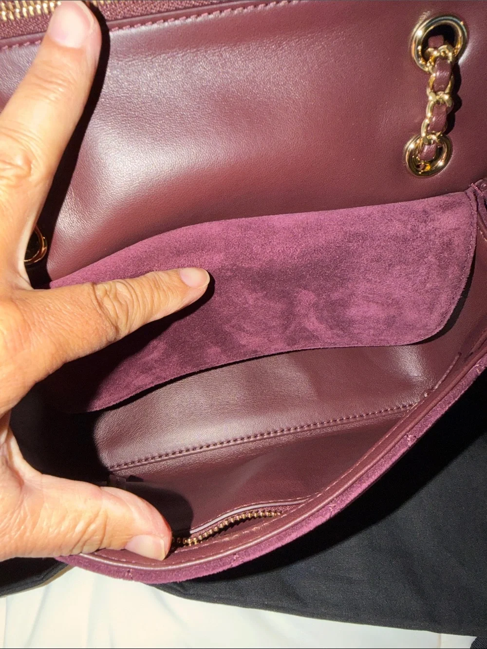 CHANEL Souplissimo mini Burgundy Quilted Suede Shoulder Bag with Gold Chain